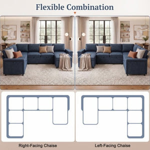English Elm U-Shaped Chenille Sectional Sleeper Sofa with Storage and USB Ports for Living Room Blue N719S002480C