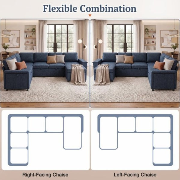 English Elm U-Shaped Chenille Sectional Sleeper Sofa with Storage and USB Ports for Living Room Blue N719S002480C