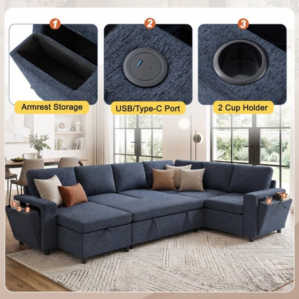 English Elm U-Shaped Chenille Sectional Sleeper Sofa with Storage and USB Ports for Living Room Blue N719S002480C