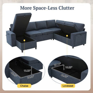 English Elm U-Shaped Chenille Sectional Sleeper Sofa with Storage and USB Ports for Living Room Blue N719S002480C