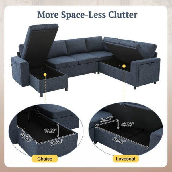 English Elm U-Shaped Chenille Sectional Sleeper Sofa with Storage and USB Ports for Living Room Blue N719S002480C