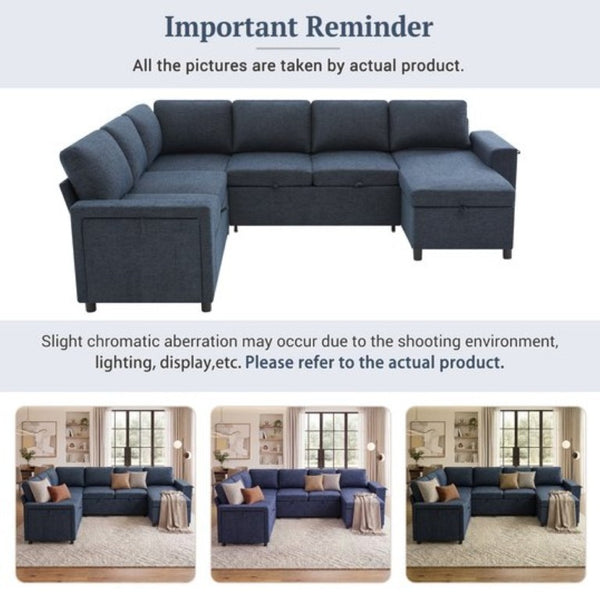 English Elm U-Shaped Chenille Sectional Sleeper Sofa with Storage and USB Ports for Living Room Blue N719S002480C