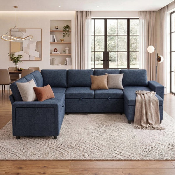 English Elm U-Shaped Chenille Sectional Sleeper Sofa with Storage and USB Ports for Living Room Blue N719S002480C