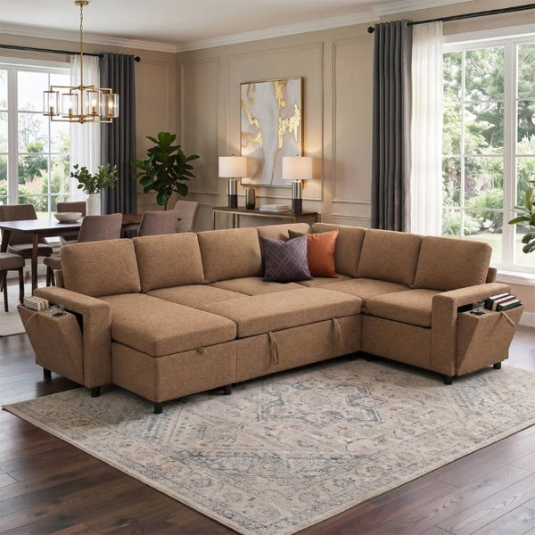 English Elm U-Shaped Chenille Sectional Sleeper Sofa with Storage and USB Ports for Living Room Brown N719S002480D