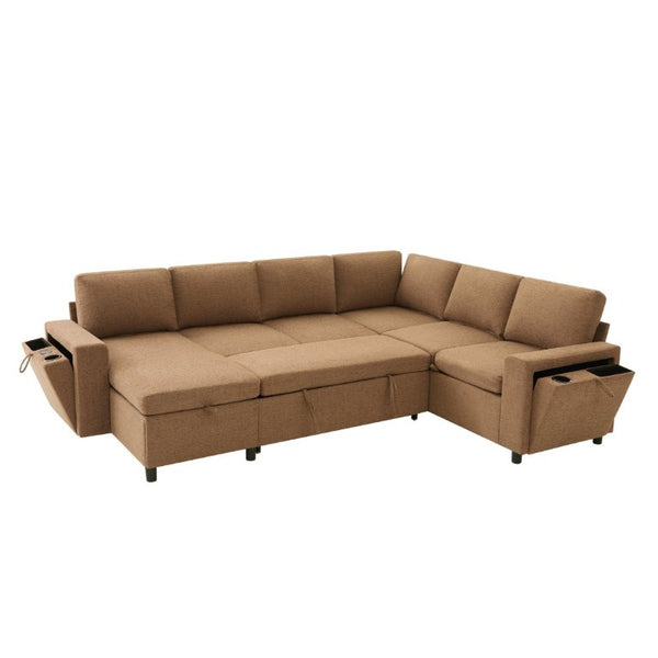 English Elm U-Shaped Chenille Sectional Sleeper Sofa with Storage and USB Ports for Living Room Brown N719S002480D