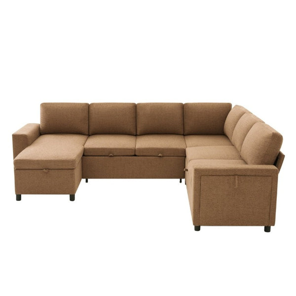 English Elm U-Shaped Chenille Sectional Sleeper Sofa with Storage and USB Ports for Living Room Brown N719S002480D