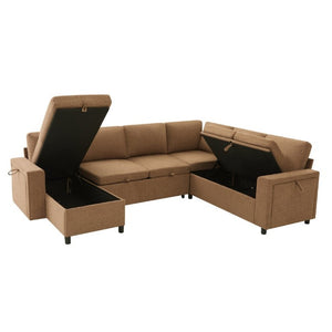English Elm U-Shaped Chenille Sectional Sleeper Sofa with Storage and USB Ports for Living Room Brown N719S002480D