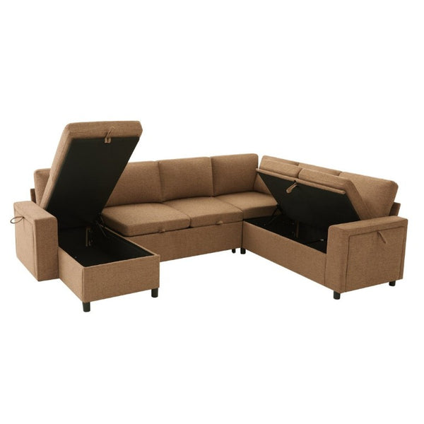 English Elm U-Shaped Chenille Sectional Sleeper Sofa with Storage and USB Ports for Living Room Brown N719S002480D