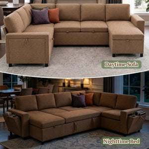 English Elm U-Shaped Chenille Sectional Sleeper Sofa with Storage and USB Ports for Living Room Brown N719S002480D