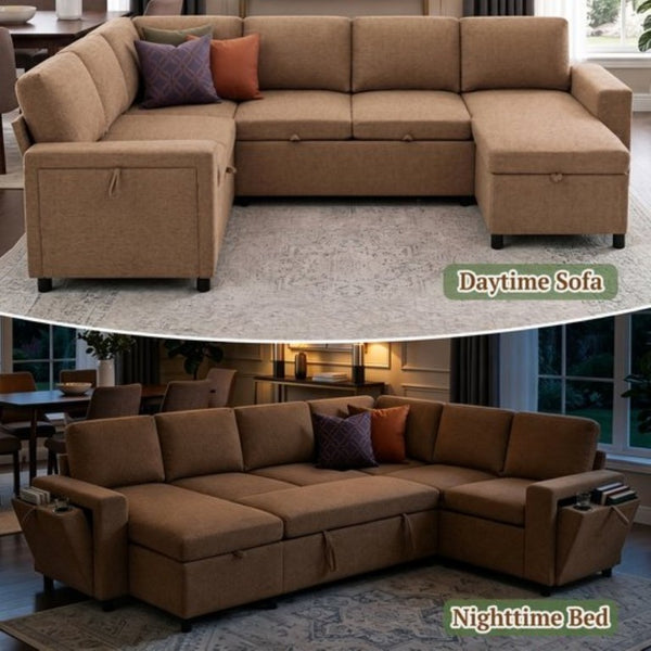 English Elm U-Shaped Chenille Sectional Sleeper Sofa with Storage and USB Ports for Living Room Brown N719S002480D