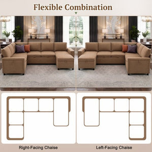 English Elm U-Shaped Chenille Sectional Sleeper Sofa with Storage and USB Ports for Living Room Brown N719S002480D