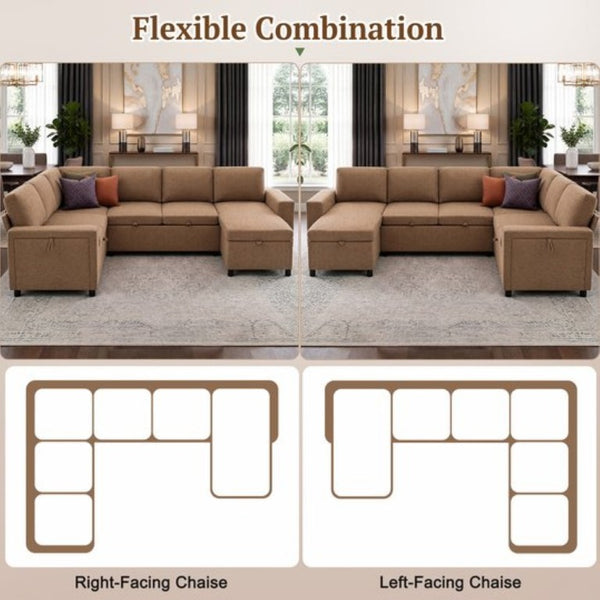 English Elm U-Shaped Chenille Sectional Sleeper Sofa with Storage and USB Ports for Living Room Brown N719S002480D