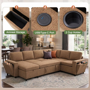 English Elm U-Shaped Chenille Sectional Sleeper Sofa with Storage and USB Ports for Living Room Brown N719S002480D
