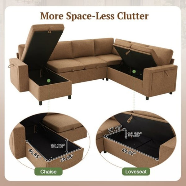 English Elm U-Shaped Chenille Sectional Sleeper Sofa with Storage and USB Ports for Living Room Brown N719S002480D