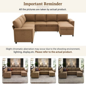 English Elm U-Shaped Chenille Sectional Sleeper Sofa with Storage and USB Ports for Living Room Brown N719S002480D