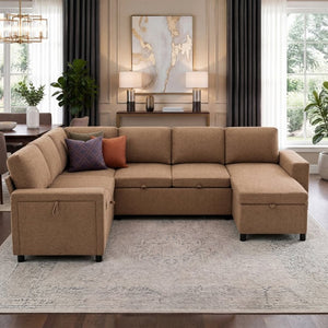 English Elm U-Shaped Chenille Sectional Sleeper Sofa with Storage and USB Ports for Living Room Brown N719S002480D