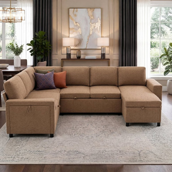 English Elm U-Shaped Chenille Sectional Sleeper Sofa with Storage and USB Ports for Living Room Brown N719S002480D