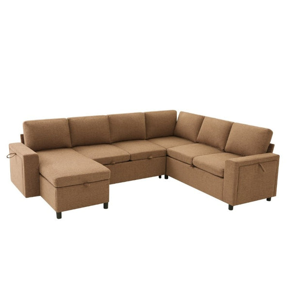 English Elm U-Shaped Chenille Sectional Sleeper Sofa with Storage and USB Ports for Living Room Brown N719S002480D