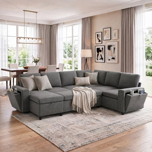 English Elm U-Shaped Chenille Sectional Sleeper Sofa with Storage and USB Ports for Living Room Grey N719S002480E