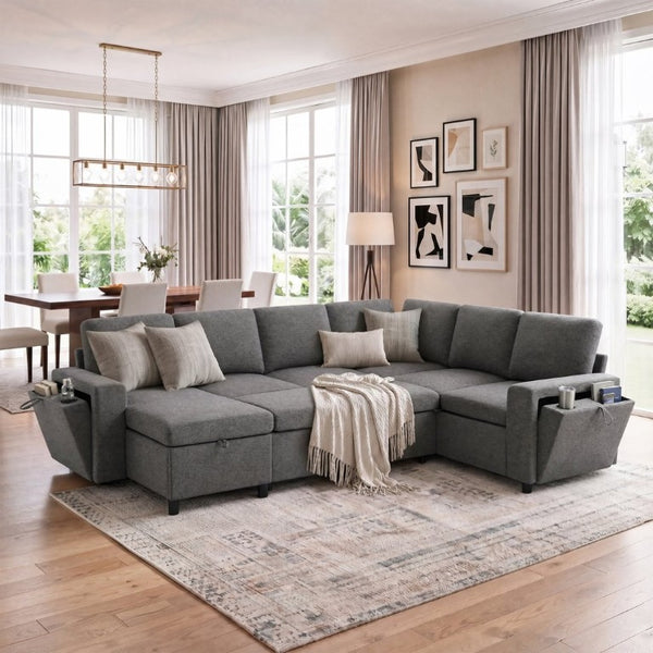 English Elm U-Shaped Chenille Sectional Sleeper Sofa with Storage and USB Ports for Living Room Grey N719S002480E