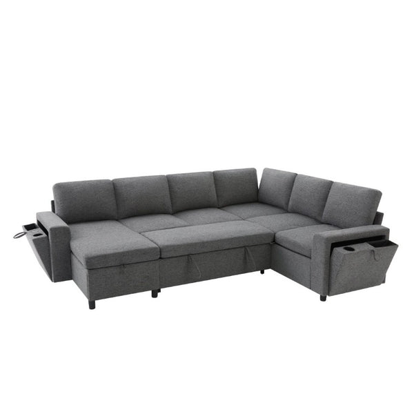 English Elm U-Shaped Chenille Sectional Sleeper Sofa with Storage and USB Ports for Living Room Grey N719S002480E