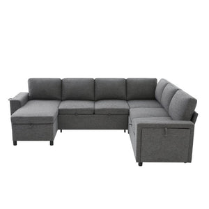 English Elm U-Shaped Chenille Sectional Sleeper Sofa with Storage and USB Ports for Living Room Grey N719S002480E