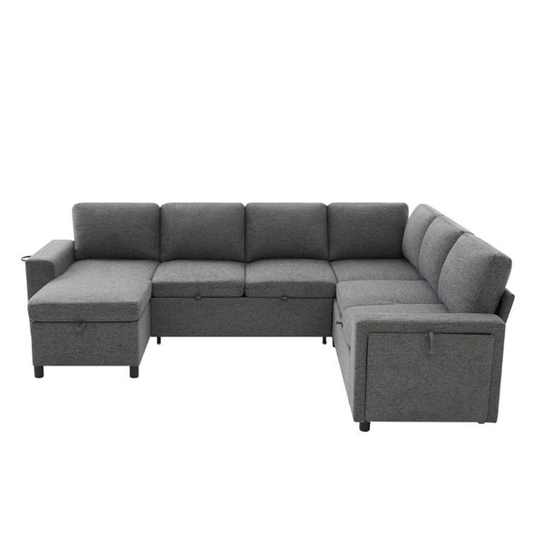 English Elm U-Shaped Chenille Sectional Sleeper Sofa with Storage and USB Ports for Living Room Grey N719S002480E