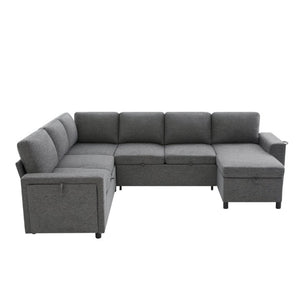 English Elm U-Shaped Chenille Sectional Sleeper Sofa with Storage and USB Ports for Living Room Grey N719S002480E