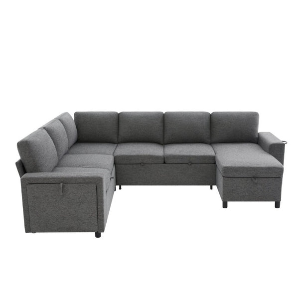 English Elm U-Shaped Chenille Sectional Sleeper Sofa with Storage and USB Ports for Living Room Grey N719S002480E