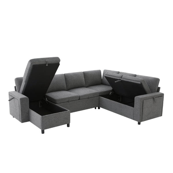 English Elm U-Shaped Chenille Sectional Sleeper Sofa with Storage and USB Ports for Living Room Grey N719S002480E