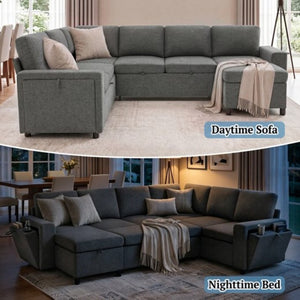 English Elm U-Shaped Chenille Sectional Sleeper Sofa with Storage and USB Ports for Living Room Grey N719S002480E