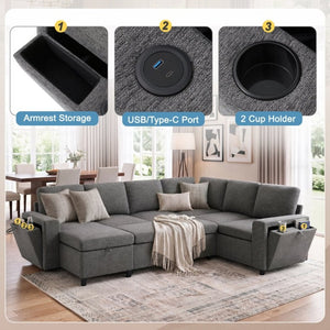 English Elm U-Shaped Chenille Sectional Sleeper Sofa with Storage and USB Ports for Living Room Grey N719S002480E