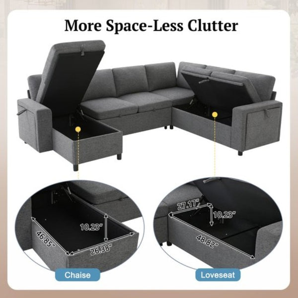English Elm U-Shaped Chenille Sectional Sleeper Sofa with Storage and USB Ports for Living Room Grey N719S002480E