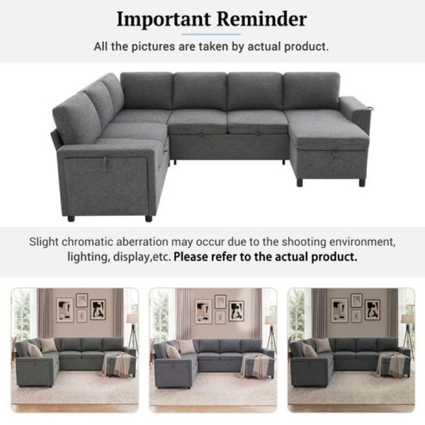 English Elm U-Shaped Chenille Sectional Sleeper Sofa with Storage and USB Ports for Living Room Grey N719S002480E