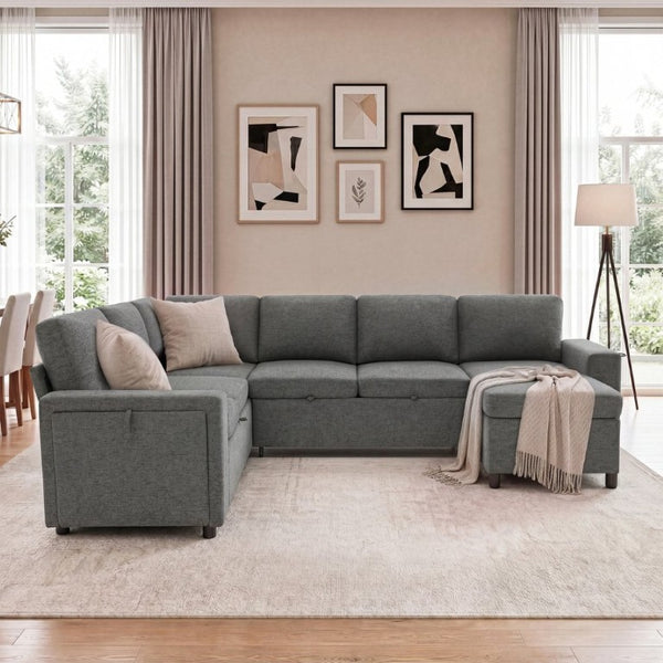 English Elm U-Shaped Chenille Sectional Sleeper Sofa with Storage and USB Ports for Living Room Grey N719S002480E
