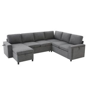 English Elm U-Shaped Chenille Sectional Sleeper Sofa with Storage and USB Ports for Living Room Grey N719S002480E