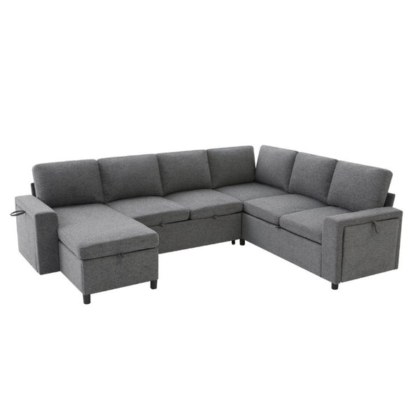 English Elm U-Shaped Chenille Sectional Sleeper Sofa with Storage and USB Ports for Living Room Grey N719S002480E