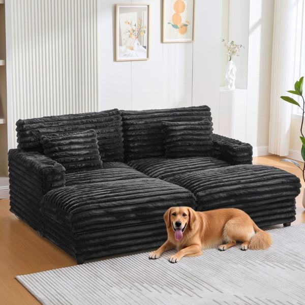 English Elm Oversized Faux Rabbit Fur Double Chaise Daybed with USB Ports and Cup Holders Black N719S002490B