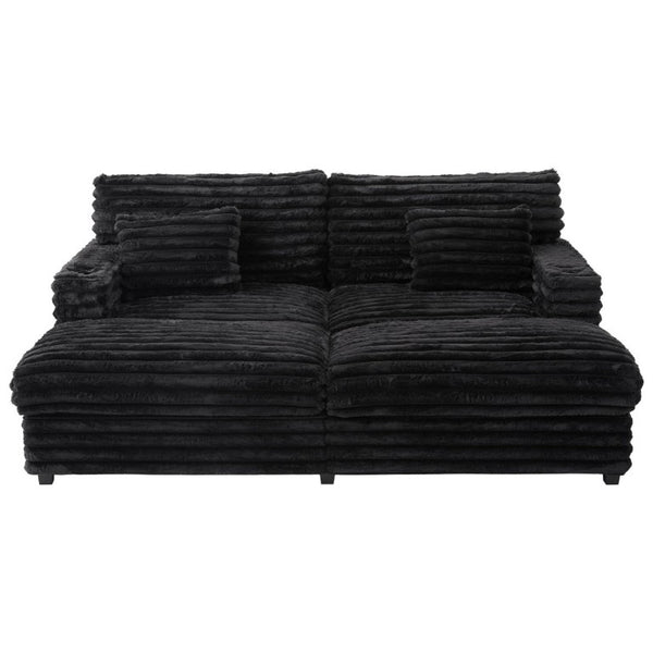 English Elm Oversized Faux Rabbit Fur Double Chaise Daybed with USB Ports and Cup Holders Black N719S002490B