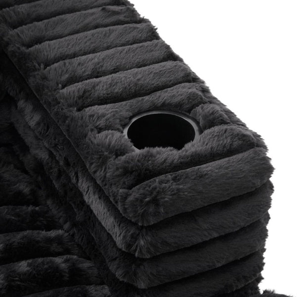 English Elm Oversized Faux Rabbit Fur Double Chaise Daybed with USB Ports and Cup Holders Black N719S002490B