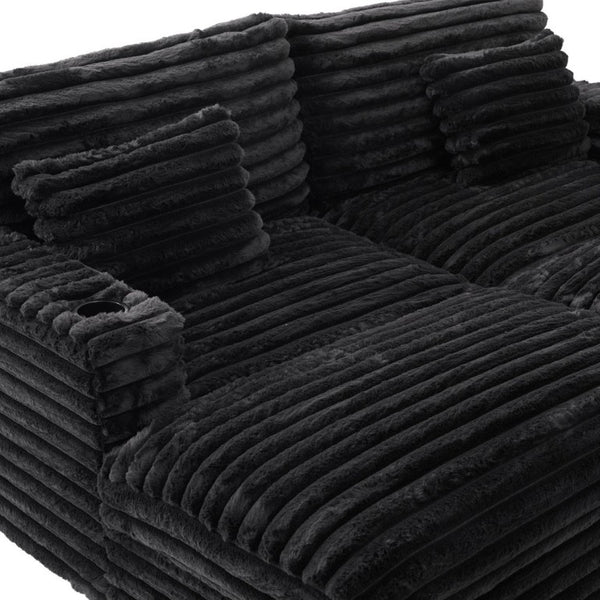 English Elm Oversized Faux Rabbit Fur Double Chaise Daybed with USB Ports and Cup Holders Black N719S002490B