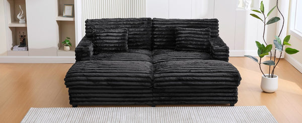 English Elm Oversized Faux Rabbit Fur Double Chaise Daybed with USB Ports and Cup Holders Black N719S002490B