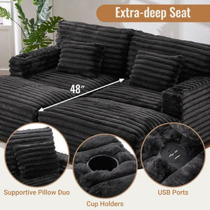 English Elm Oversized Faux Rabbit Fur Double Chaise Daybed with USB Ports and Cup Holders Black N719S002490B