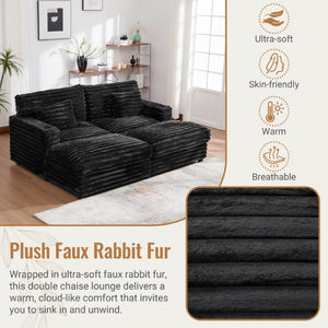 English Elm Oversized Faux Rabbit Fur Double Chaise Daybed with USB Ports and Cup Holders Black N719S002490B