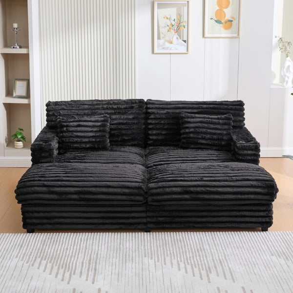 English Elm Oversized Faux Rabbit Fur Double Chaise Daybed with USB Ports and Cup Holders Black N719S002490B