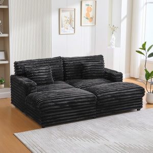 English Elm Oversized Faux Rabbit Fur Double Chaise Daybed with USB Ports and Cup Holders Black N719S002490B
