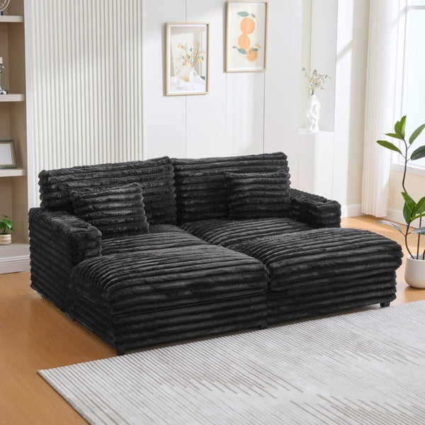 English Elm Oversized Faux Rabbit Fur Double Chaise Daybed with USB Ports and Cup Holders Black N719S002490B