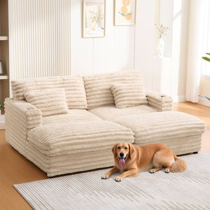 English Elm Oversized Faux Rabbit Fur Double Chaise Daybed with USB Ports and Cup Holders Champagne N719S002490D