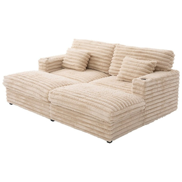 English Elm Oversized Faux Rabbit Fur Double Chaise Daybed with USB Ports and Cup Holders Champagne N719S002490D