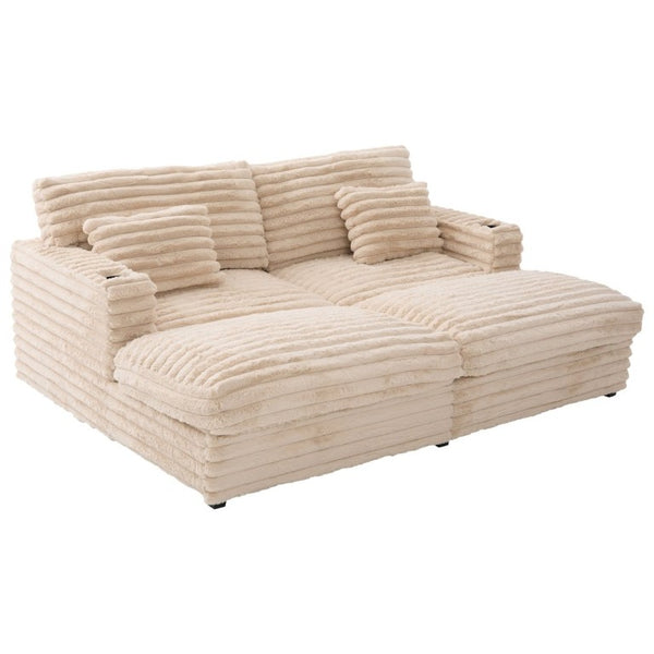 English Elm Oversized Faux Rabbit Fur Double Chaise Daybed with USB Ports and Cup Holders Champagne N719S002490D